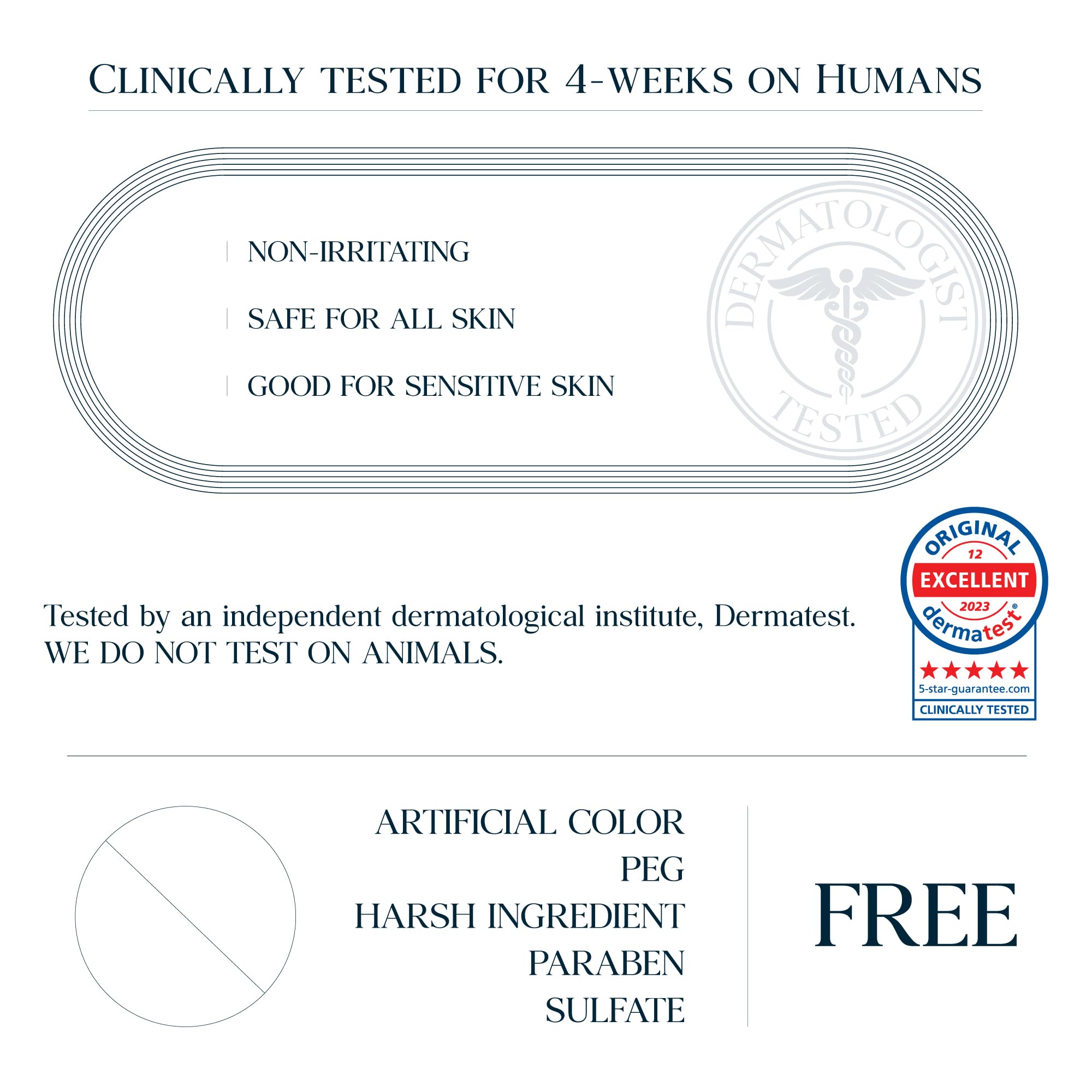 Dermatologist-tested badge indicating safe use for sensitive skin.