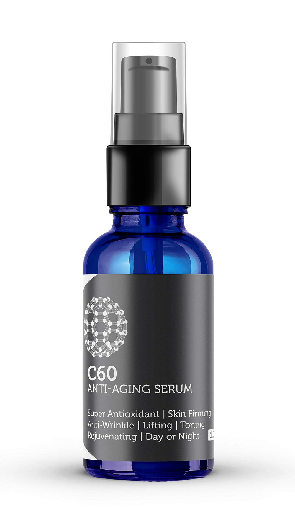 PureC60OliveOil C60 serum bottle close-up showing hydration-ready formula