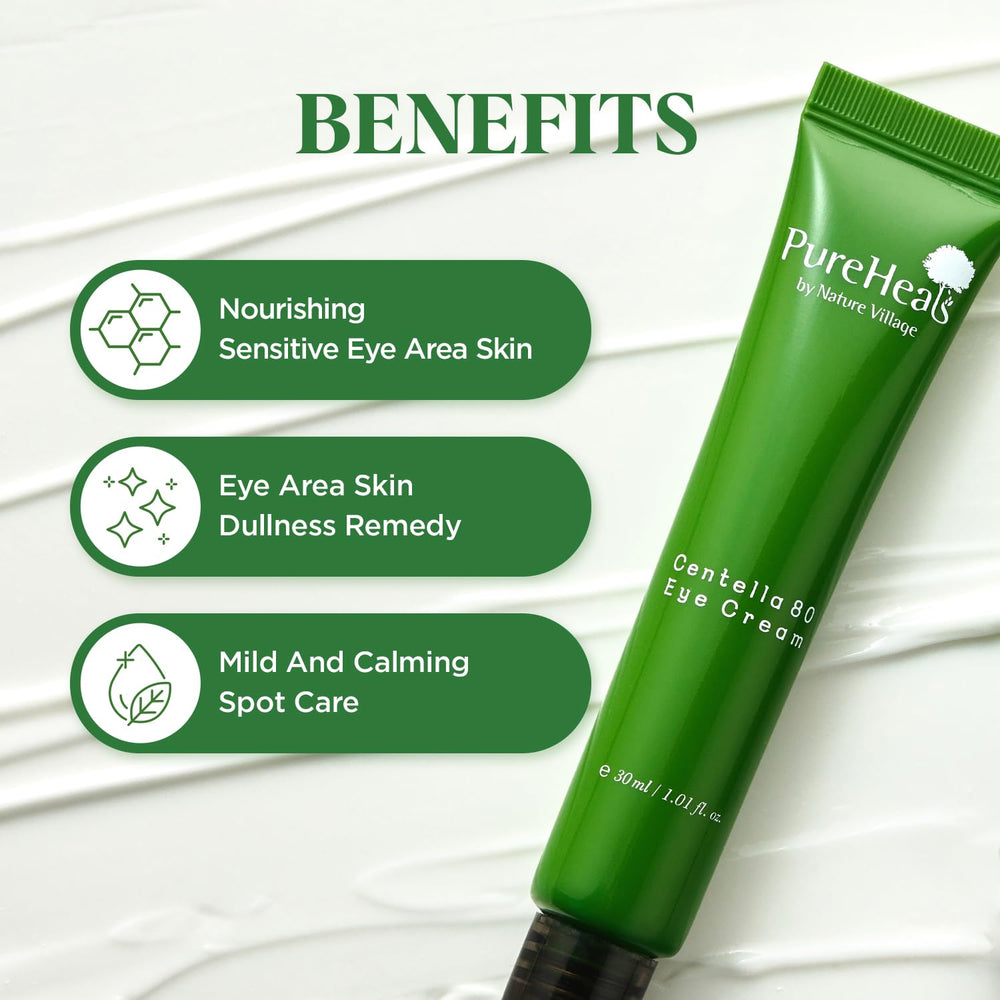 Pureheal's Centella 80 Eye Cream packaging display with refreshing eucalyptus scent