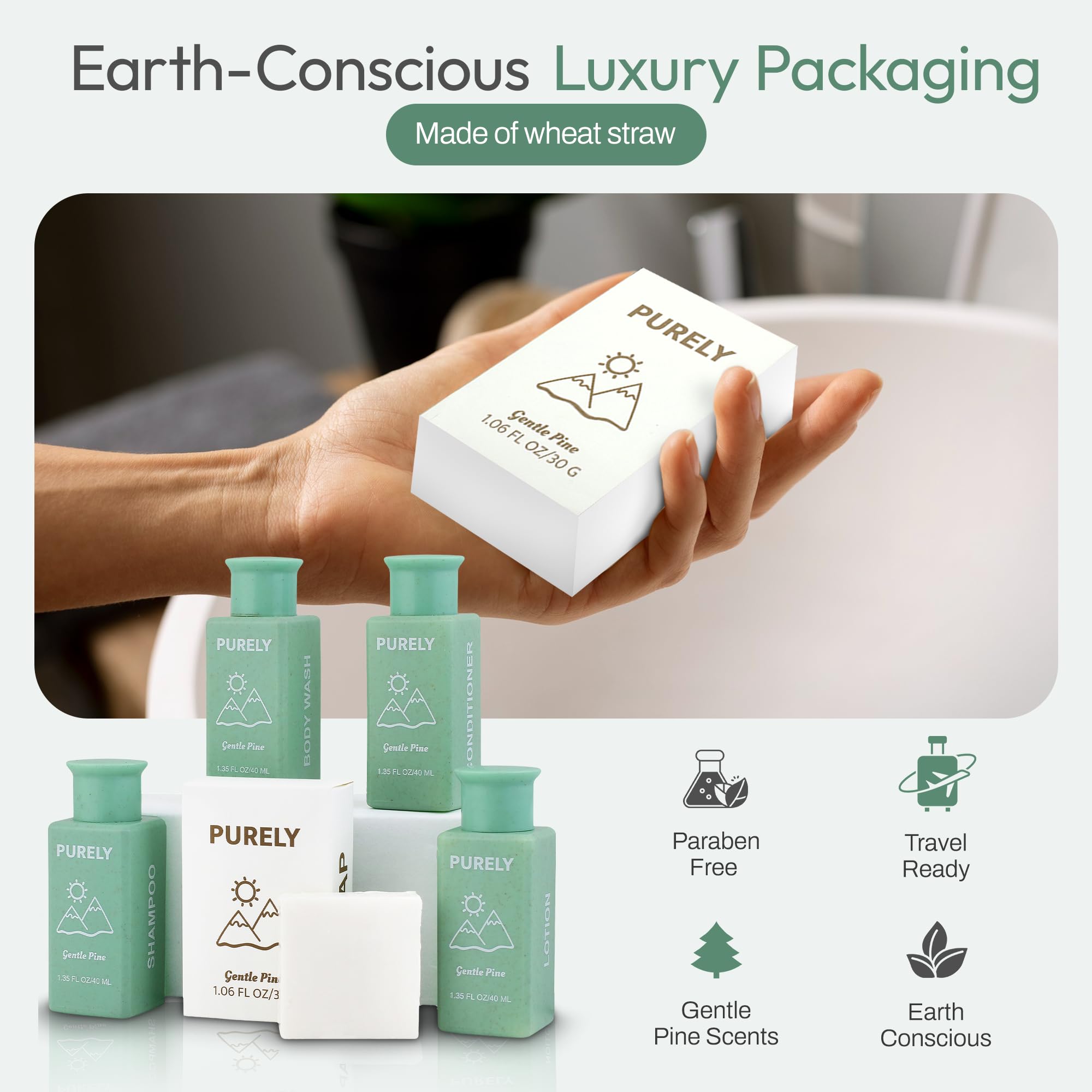 Purely body wash bottles 1.3 oz organized for guest bathrooms