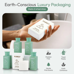 Purely body wash bottles 1.3 oz organized for guest bathrooms