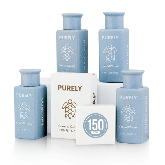 Purely hotel toiletries 150-piece bulk set packaging ready for guest rooms.