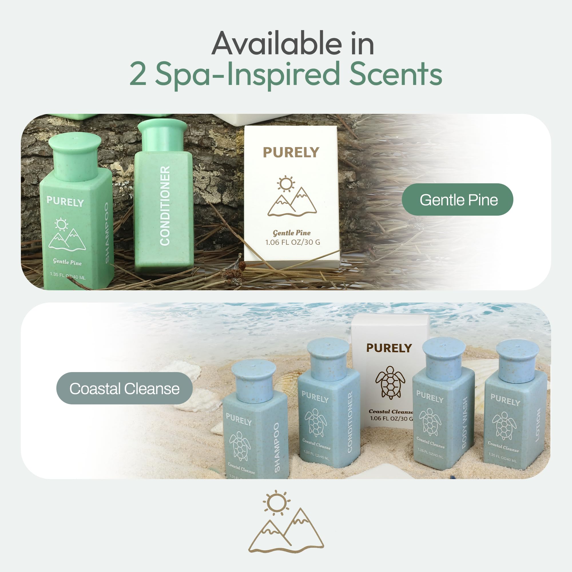 Purely lotion bottles 1.3 oz set for hospitality