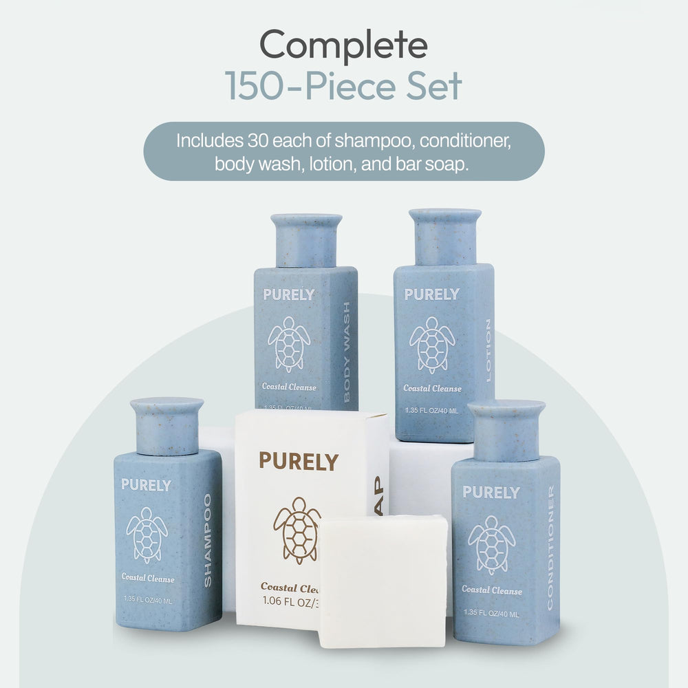 Purely mini shampoo and conditioner bottles shown for Airbnb welcome kits.