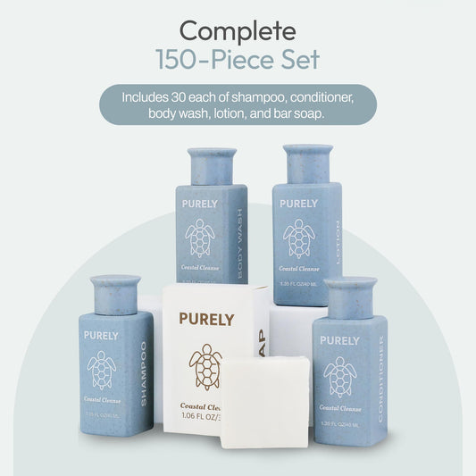 Purely mini shampoo and conditioner bottles shown for Airbnb welcome kits.