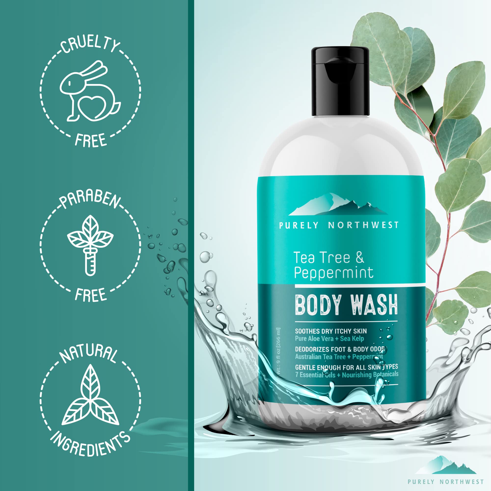 Purely Northwest Tea Tree Body Wash USA-crafted cruelty-free packaging invokes trust.