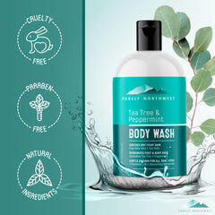 Purely Northwest Tea Tree Body Wash USA-crafted cruelty-free packaging invokes trust.