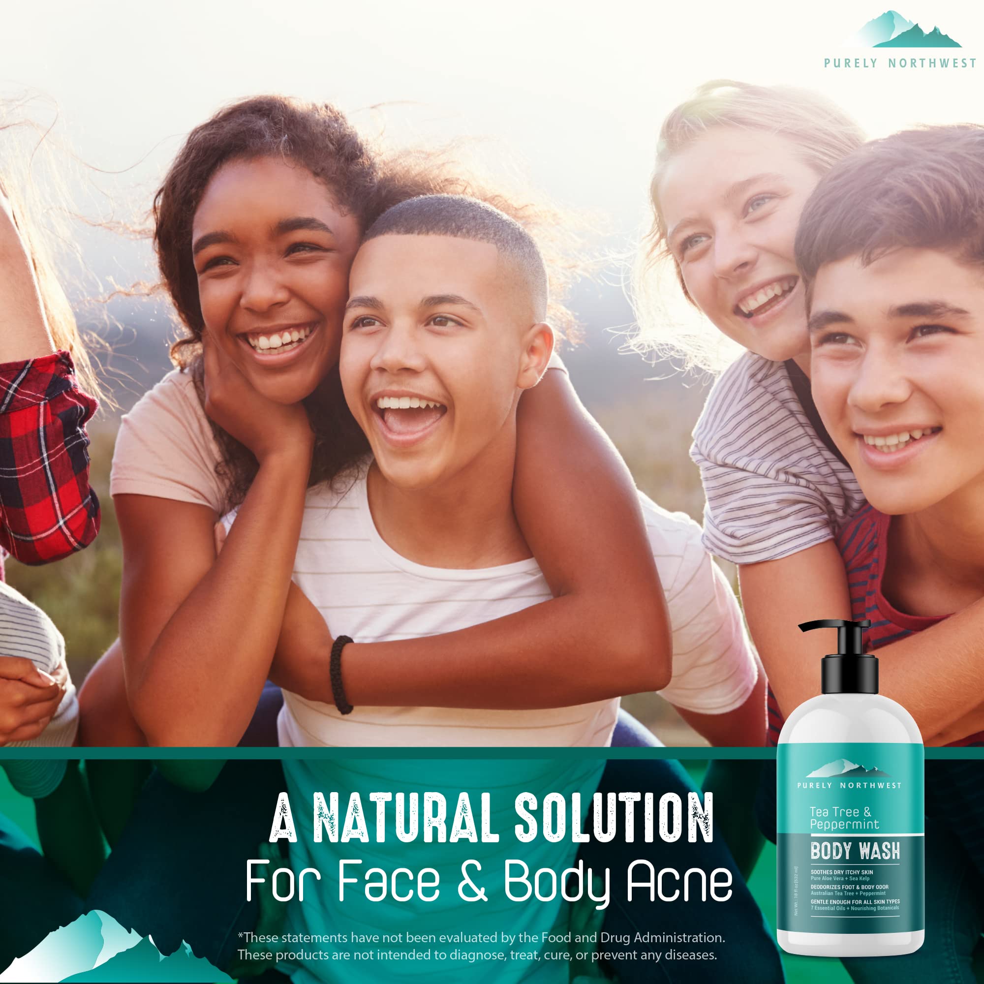 Purely Northwest Tea Tree Body Wash bottle on shelf signals gentle daily use.