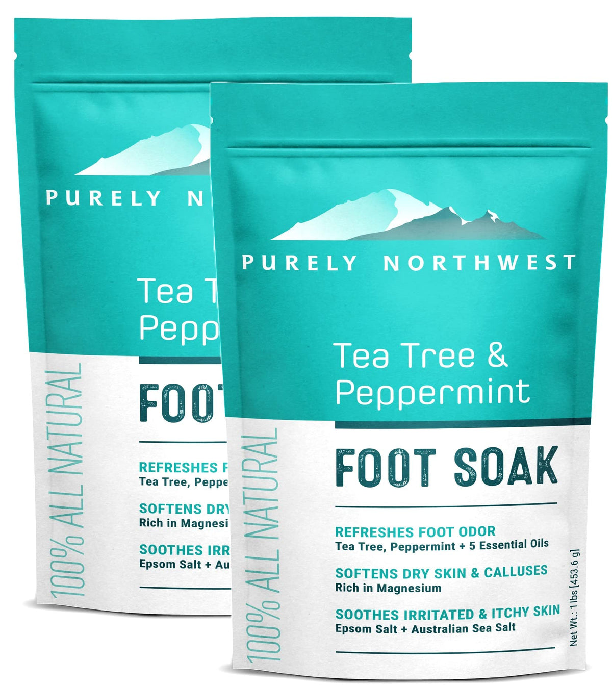 Purely Northwest Tea Tree Epsom Salt Foot Soak bottle being poured for soothing relief