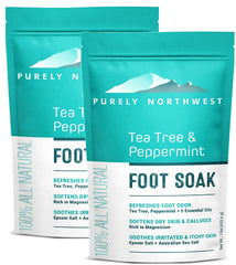 Purely Northwest Tea Tree Epsom Salt Foot Soak bottle being poured for soothing relief