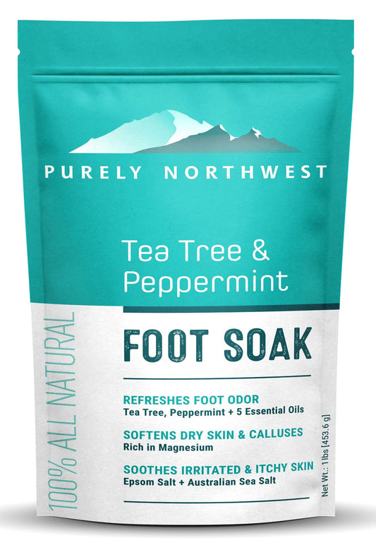 Purely Northwest Tea Tree Foot Soak bottle pour for easy, mess-free use.