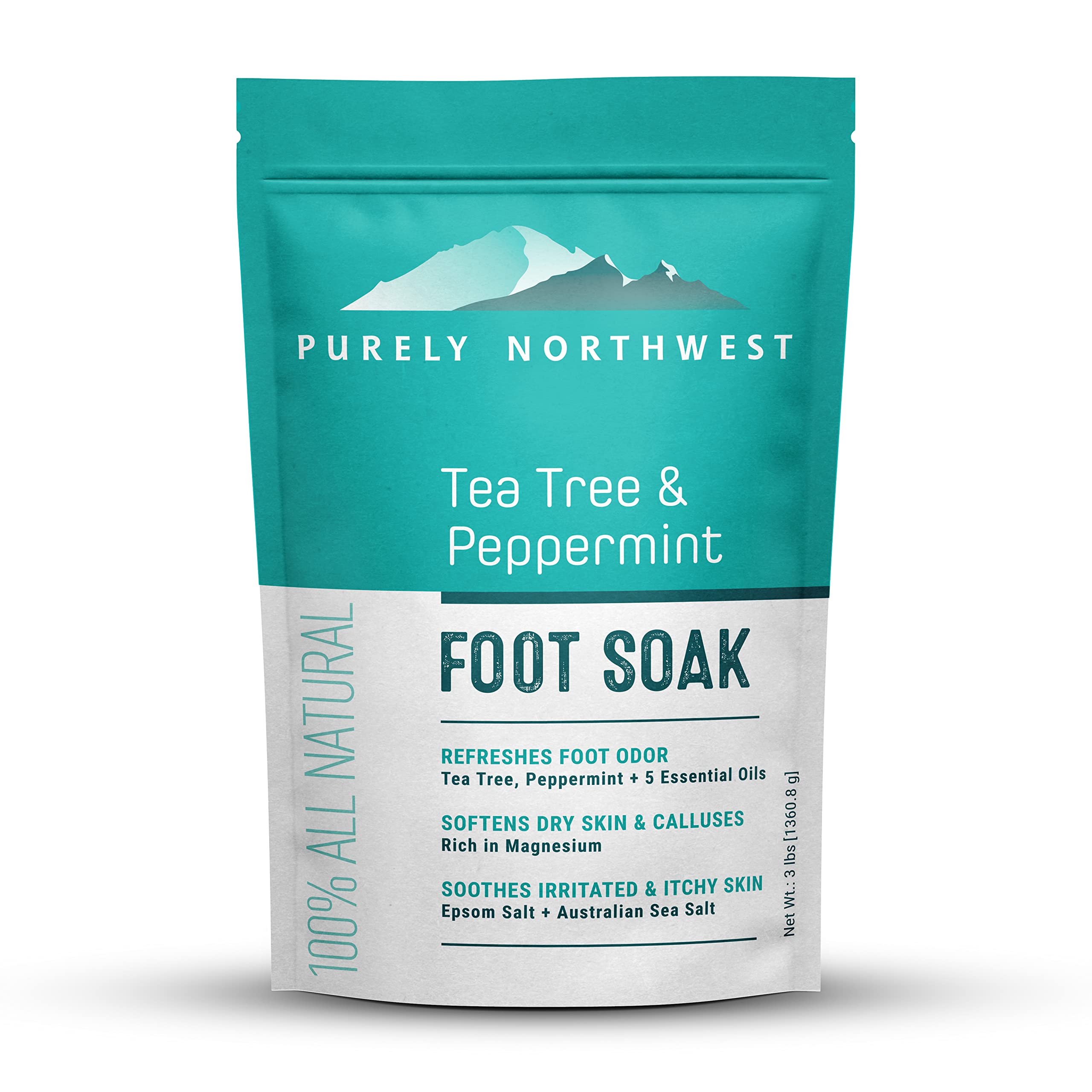 Purely Northwest Tea Tree Peppermint Foot Soak bottle refreshing tired feet and nails