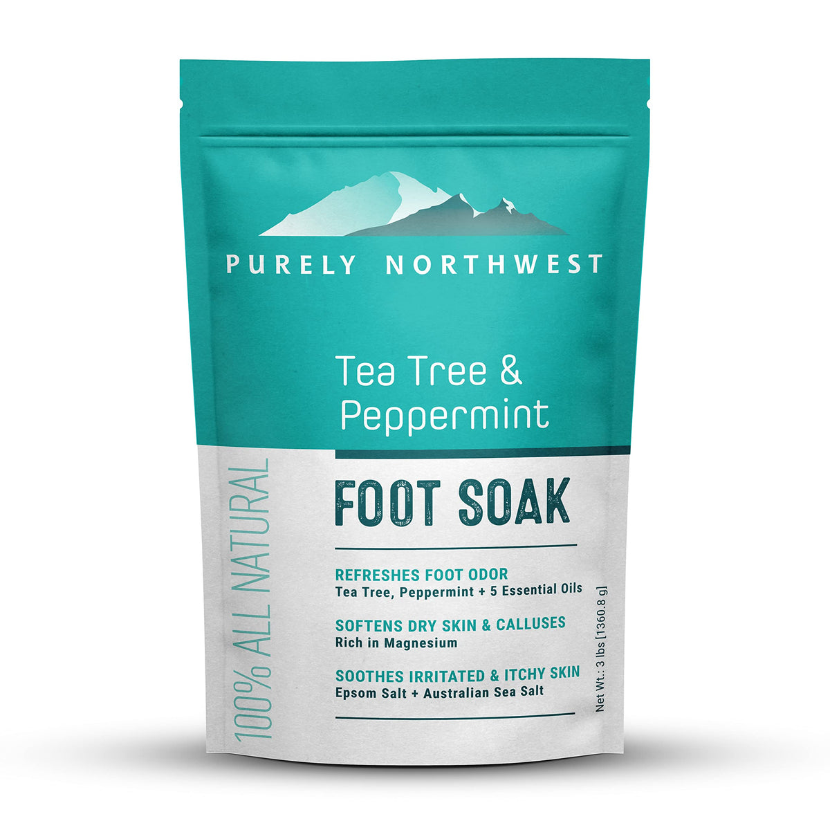 Purely Northwest Tea Tree Peppermint Foot Soak bottle refreshing tired feet and nails