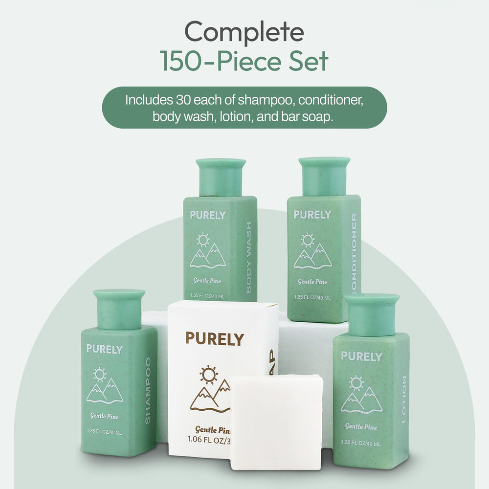 Purely shampoo bottles 1.3 oz arranged for Airbnb hospitality