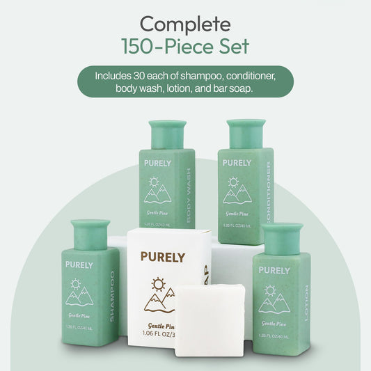 Purely shampoo bottles 1.3 oz arranged for Airbnb hospitality