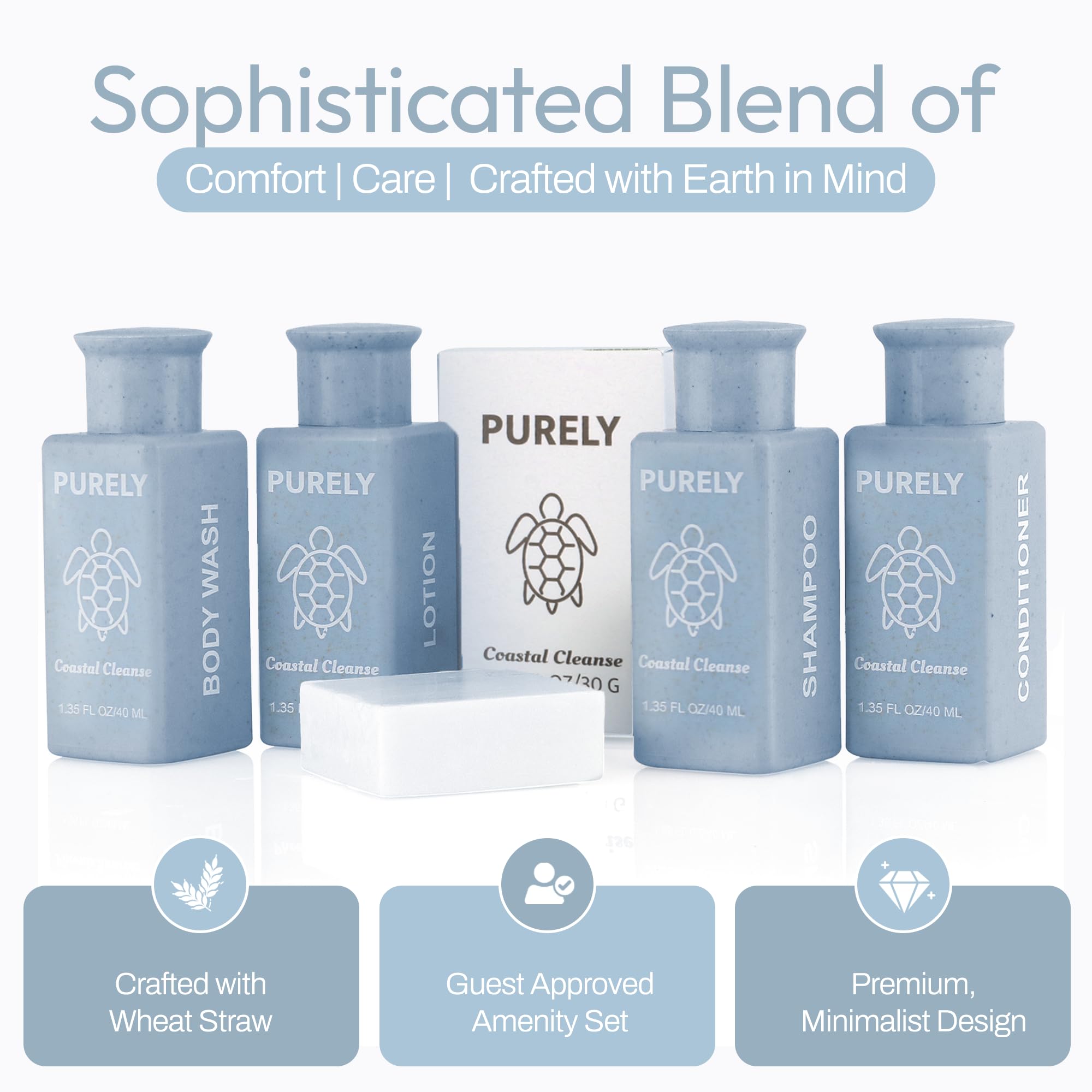 Purely travel bottles 1.3 oz emphasize value for guest stays.