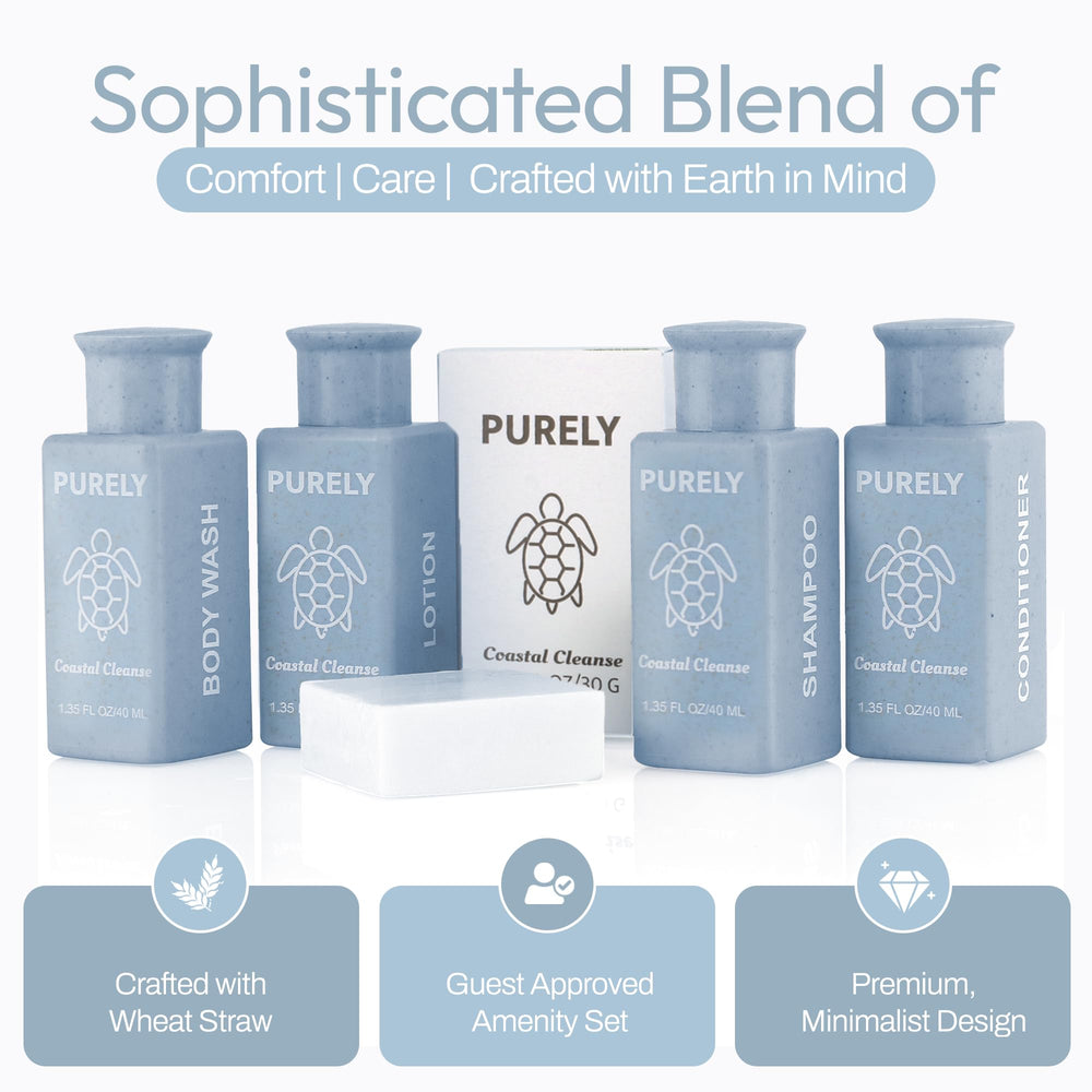 Purely travel bottles 1.3 oz emphasize value for guest stays.