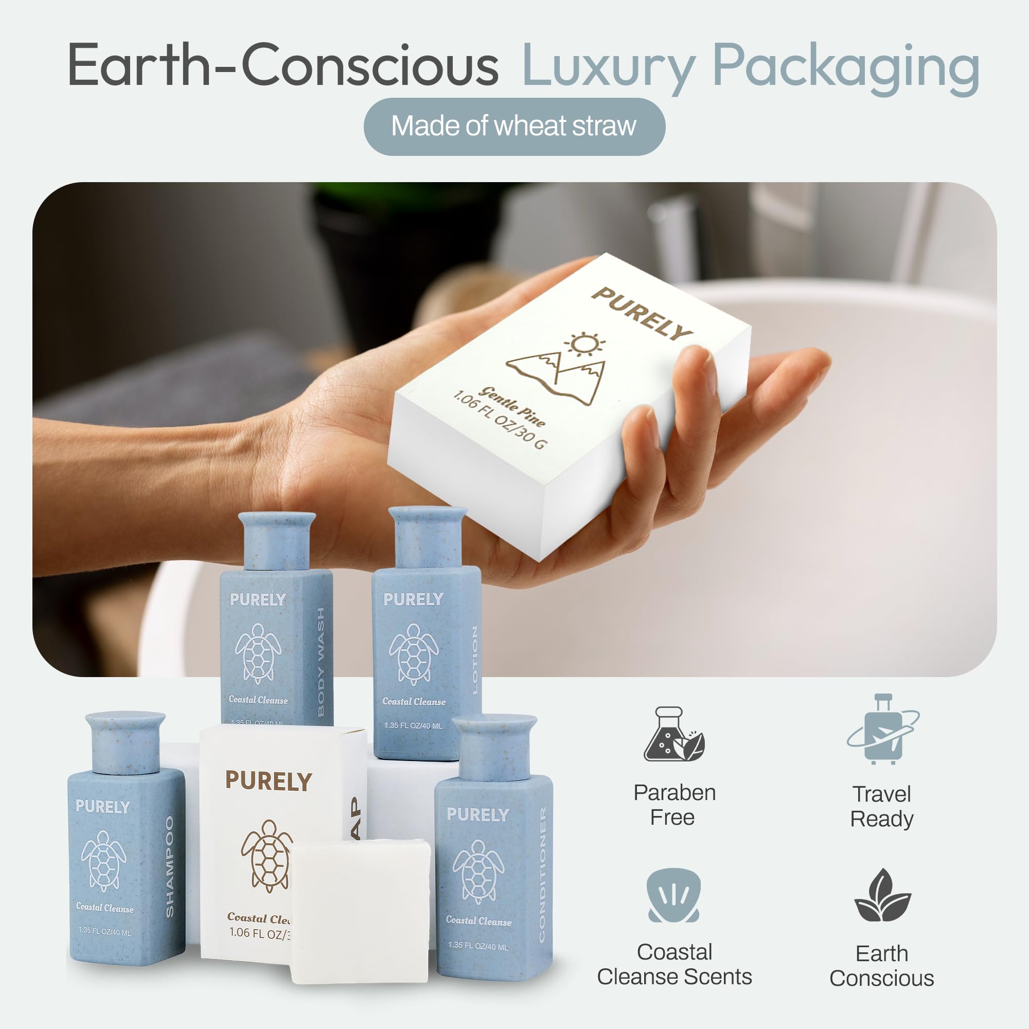 Purely wheat straw packaging highlights eco-friendly bulk hotel supplies.