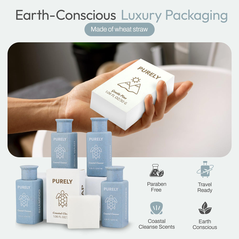 Purely wheat straw packaging highlights eco-friendly bulk hotel supplies.
