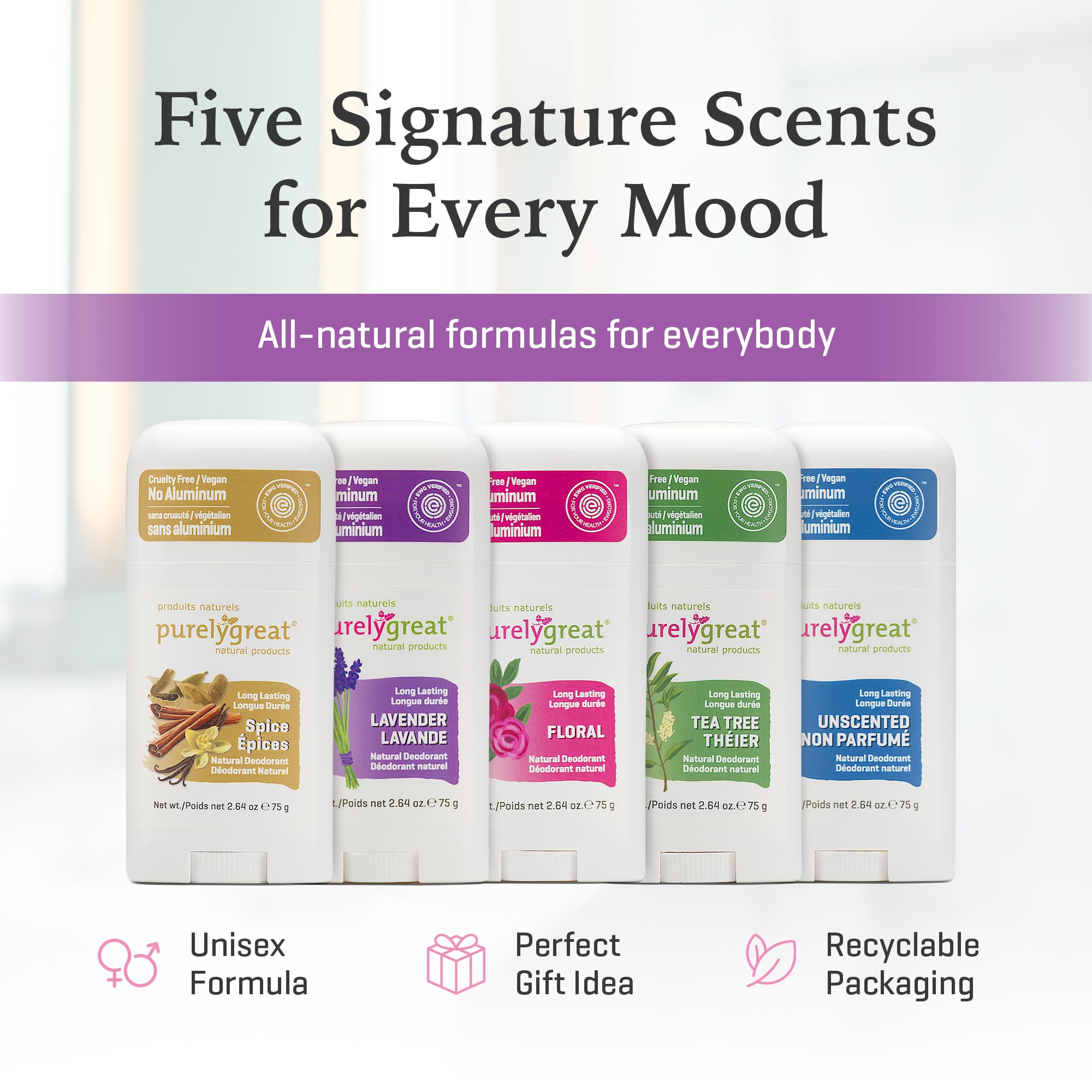 Purelygreat lavender deodorant stick family-friendly use for men and women.