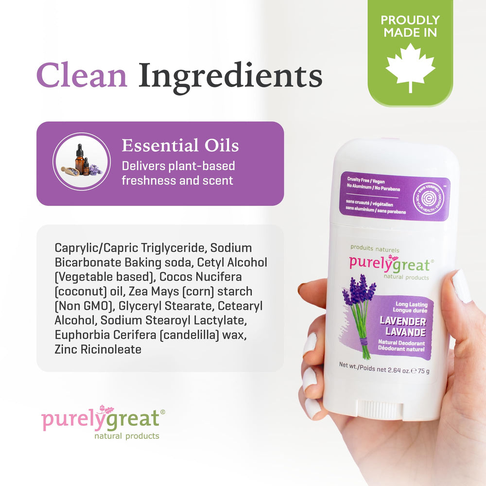 Purelygreat lavender deodorant stick travel-size pack, easy to carry.