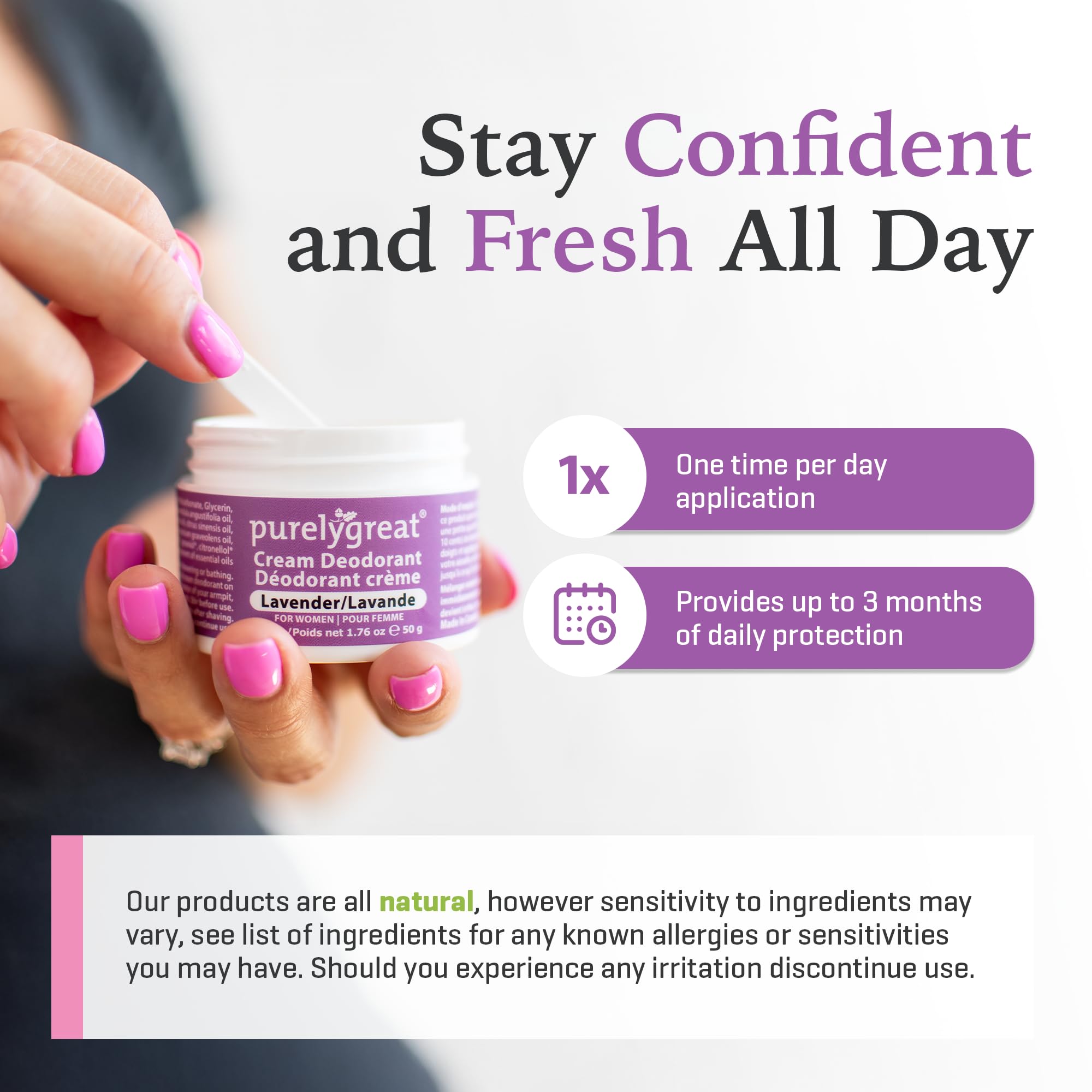 Purelygreat Lavender Scented Cream Deodorant in daily-use scene with non-sticky feel