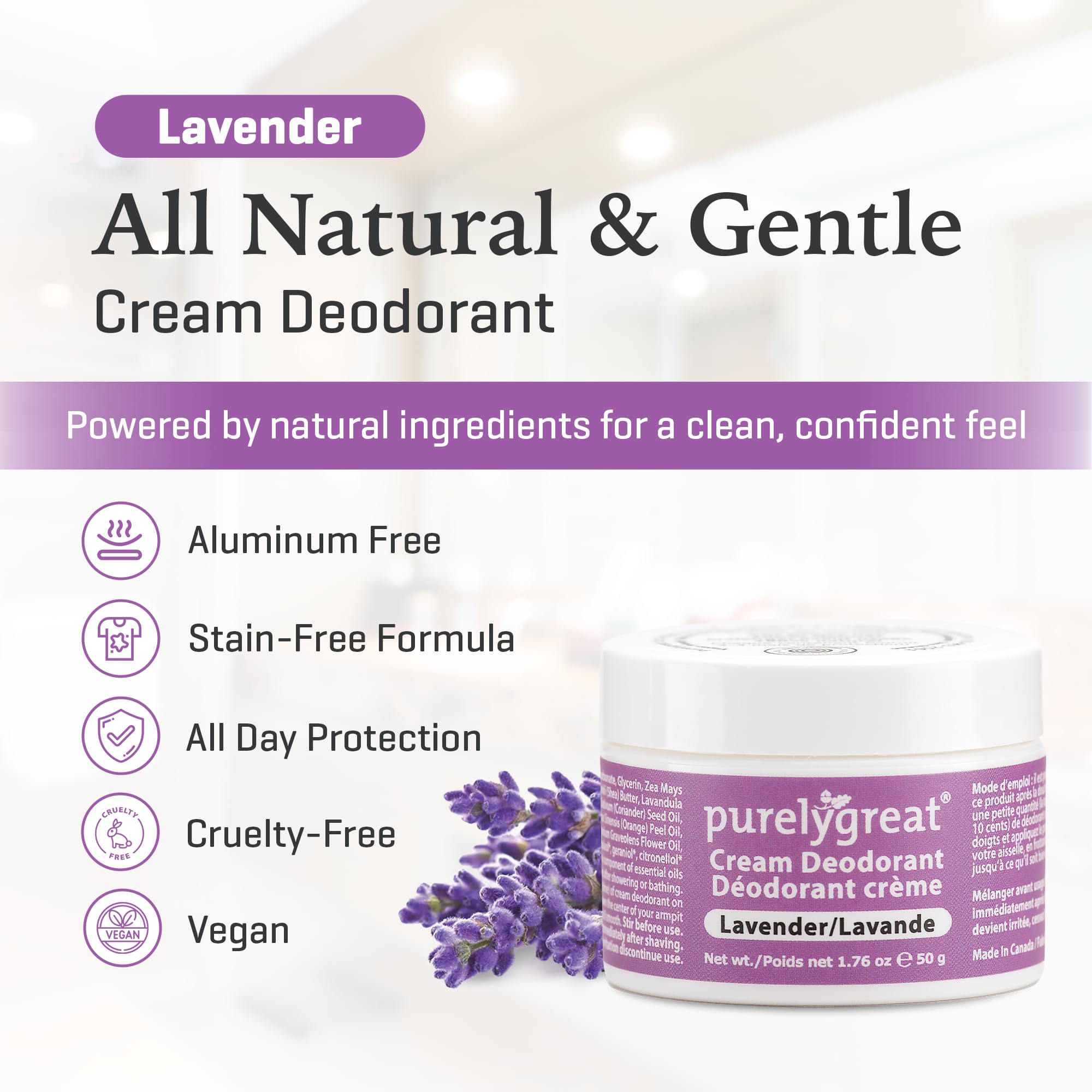 Purelygreat Lavender Scented Cream Deodorant packaging front highlights natural ingredients and scent