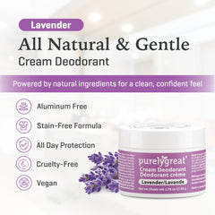 Purelygreat Lavender Scented Cream Deodorant packaging front highlights natural ingredients and scent