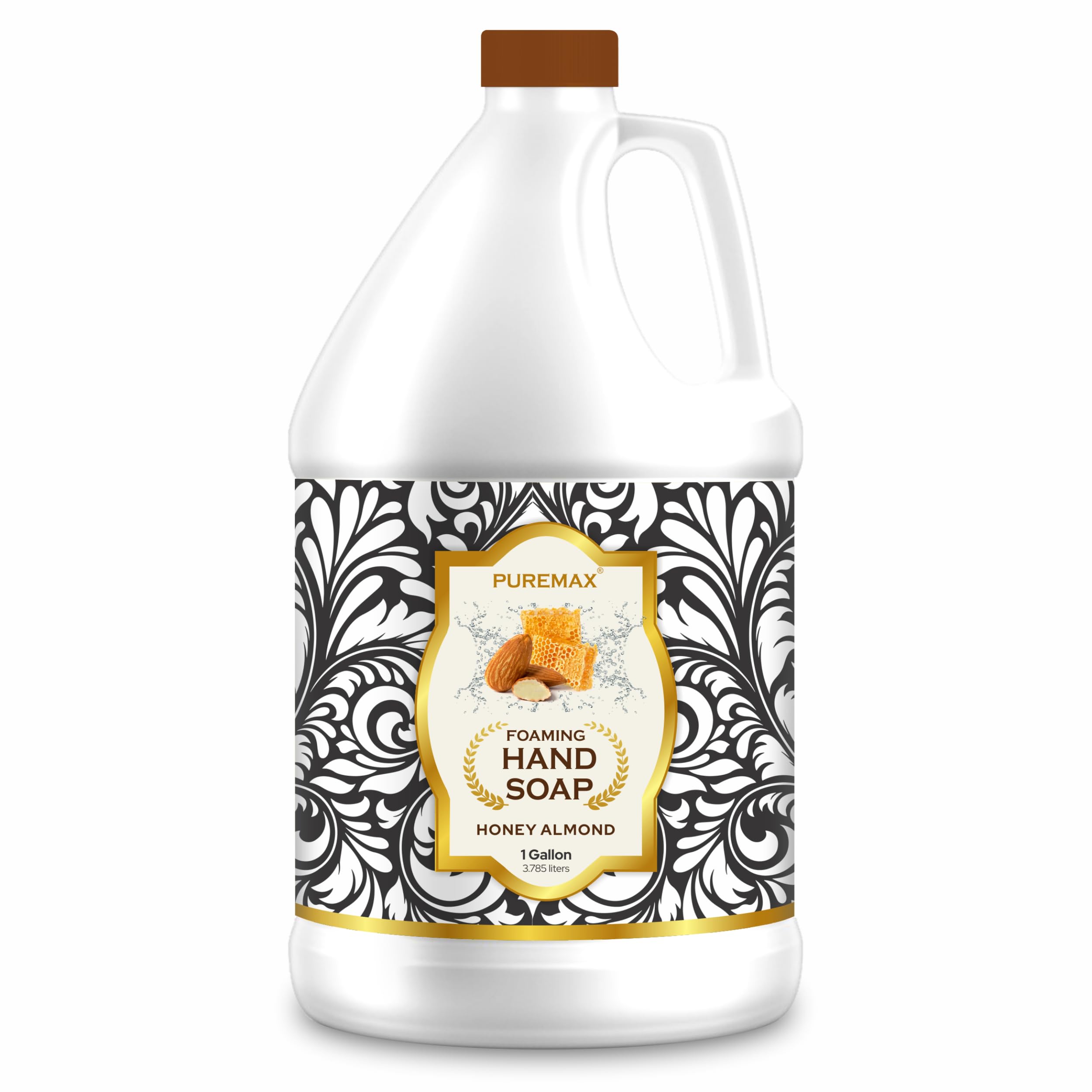 Puremax Honey Almond foaming soap bottle close-up with rich, gentle cleansing foam
