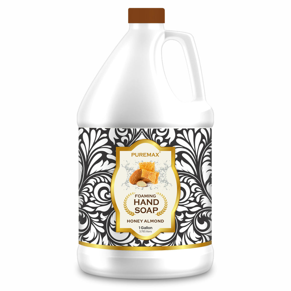 Puremax Honey Almond foaming soap bottle close-up with rich, gentle cleansing foam