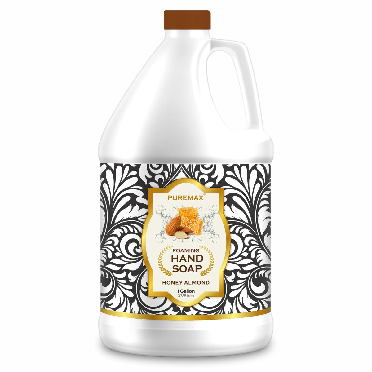 Puremax Honey Almond foaming soap bottle close-up with rich, gentle cleansing foam