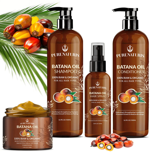 PureNaturis Batana Oil Shampoo bottle highlighting natural scalp nourishment.