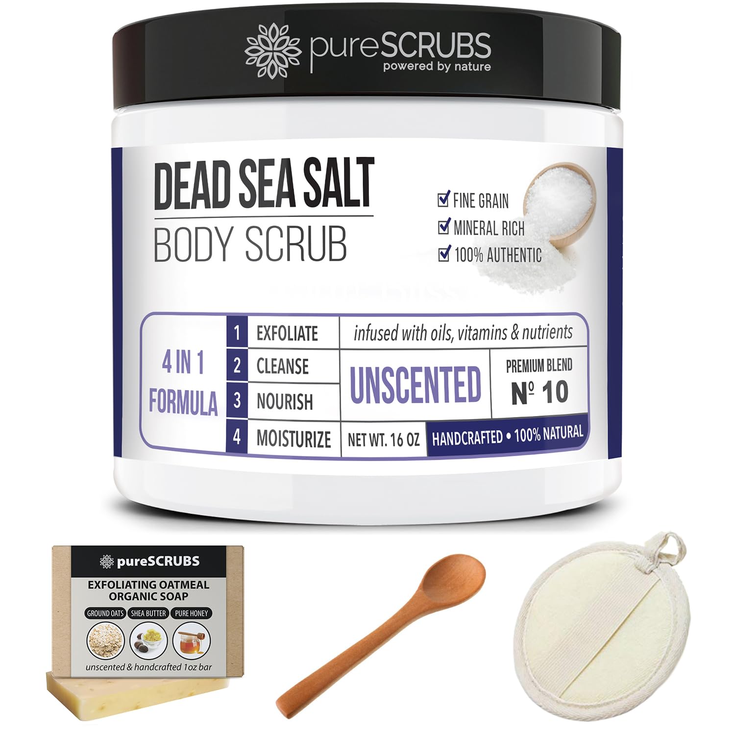 PureSCRUBS bathroom setup including scrub, spoon, loofah and bar soap.