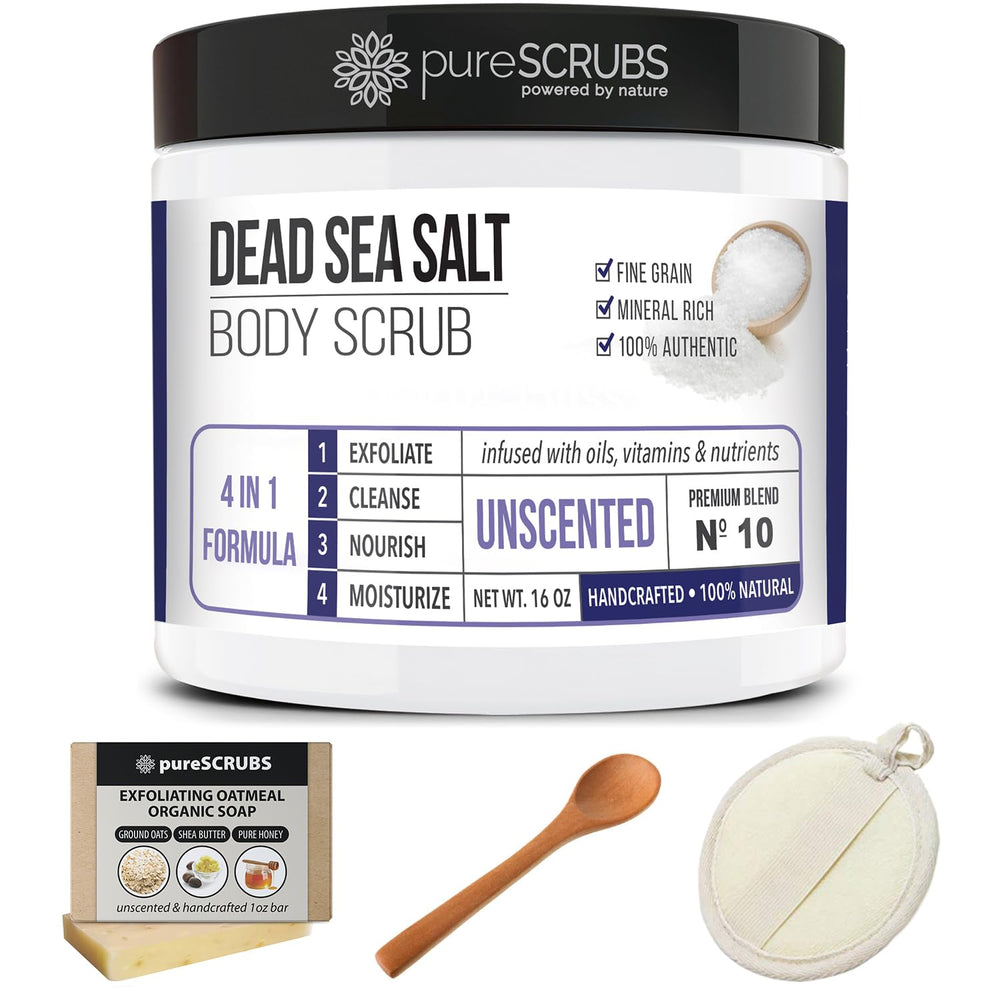 PureSCRUBS bathroom setup including scrub, spoon, loofah and bar soap.