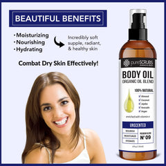 Close up of pureSCRUBS oil texture on skin showing silky glide for quick absorption.