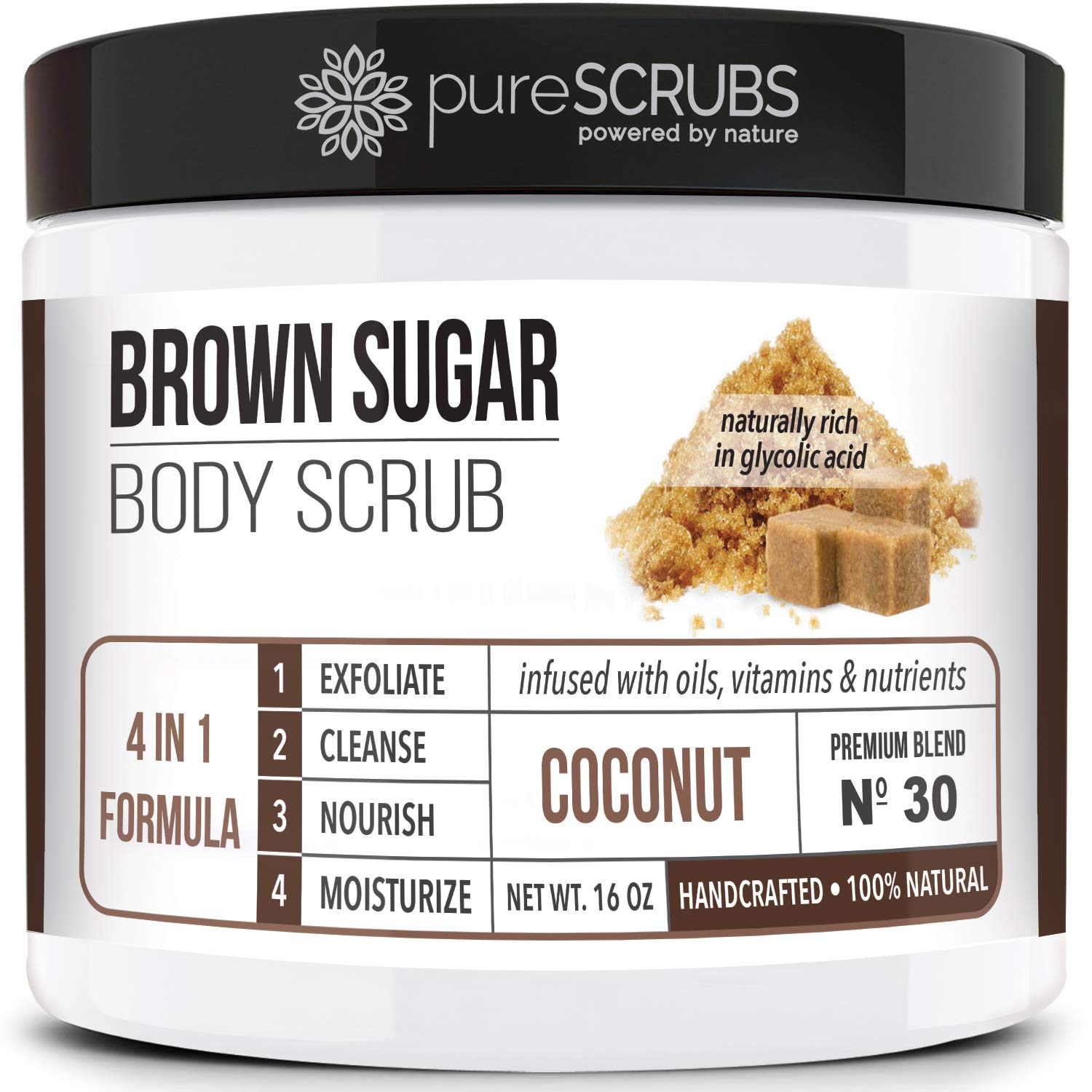 pureSCRUBS coconut brown sugar scrub jar with rich exfoliation and coconut scent.