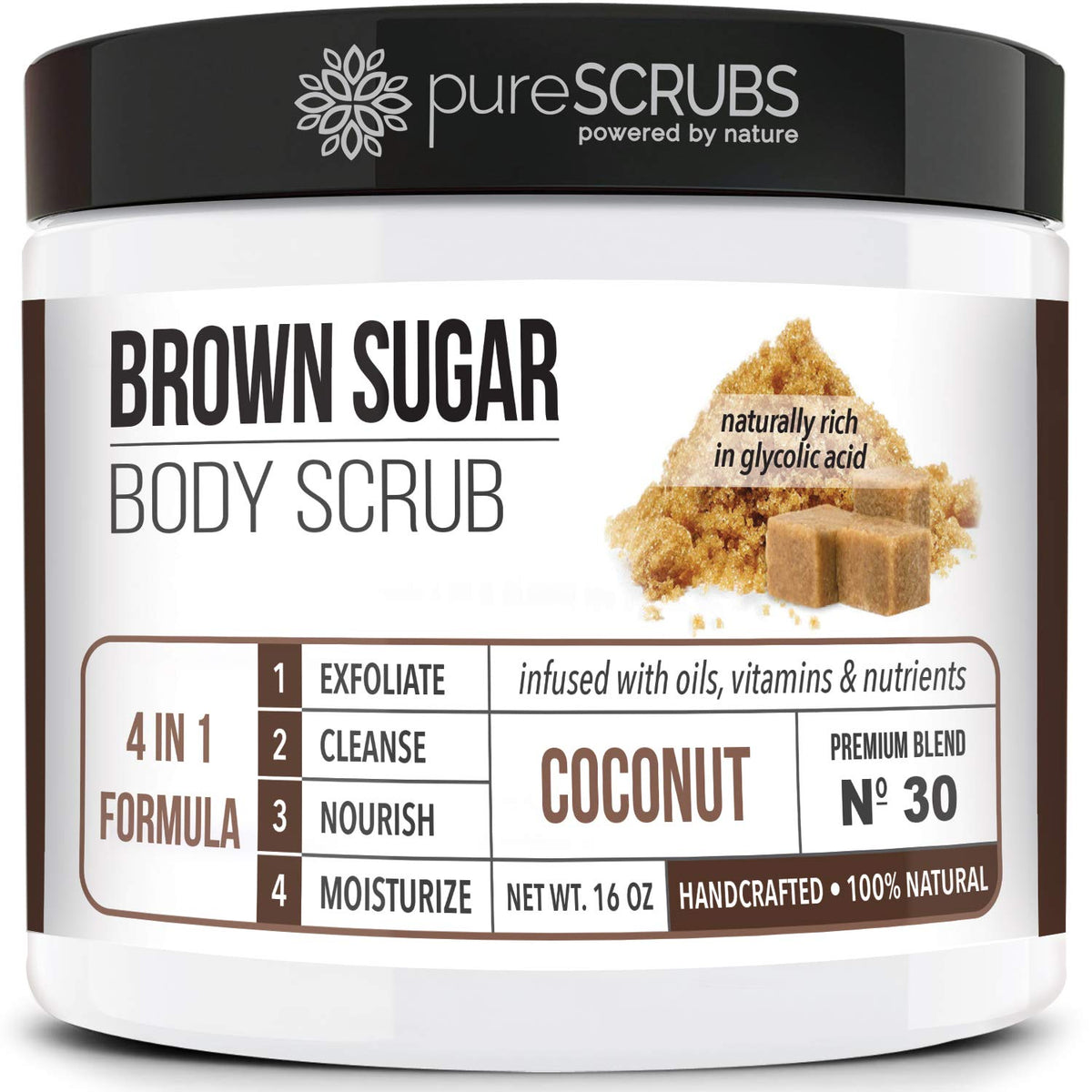 pureSCRUBS coconut brown sugar scrub jar with rich exfoliation and coconut scent.