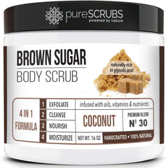 pureSCRUBS coconut brown sugar scrub jar with rich exfoliation and coconut scent.