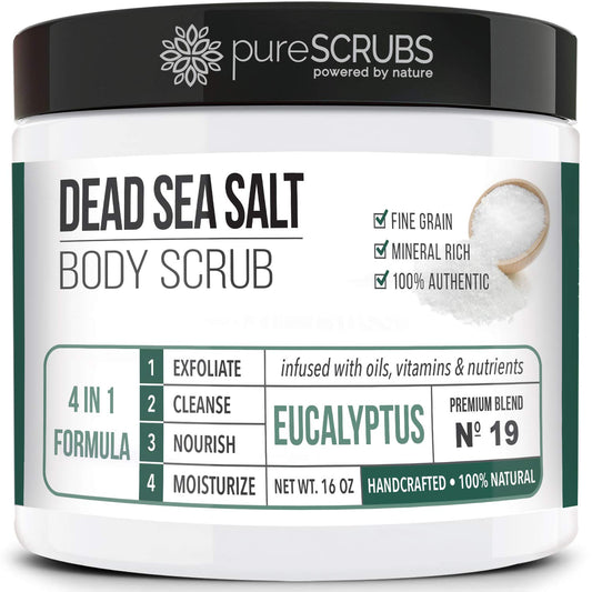 PureSCRUBS eucalyptus body scrub jar ready to reveal smoother skin.