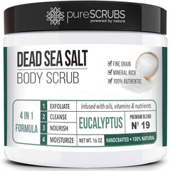 PureSCRUBS eucalyptus body scrub jar ready to reveal smoother skin.