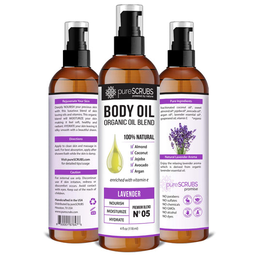 PureSCRUBS lavender aroma oil used for relaxing massage and skin care.