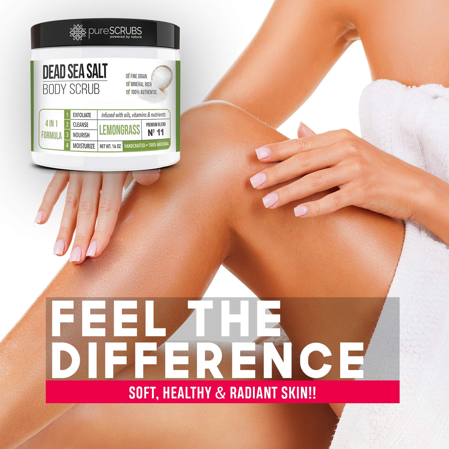 pureSCRUBS packaging closeup reveals handcrafted boutique quality and generous 16oz size