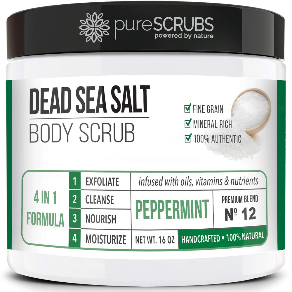 pureSCRUBS peppermint sea salt scrub jar shows smoothing texture and refreshing aroma
