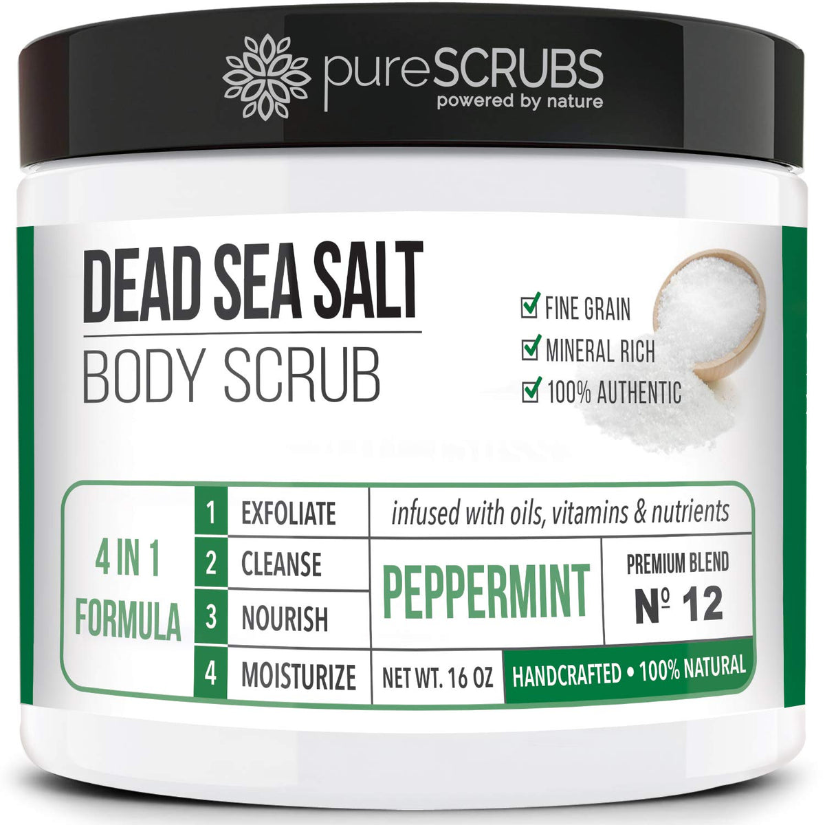 pureSCRUBS peppermint sea salt scrub jar shows smoothing texture and refreshing aroma