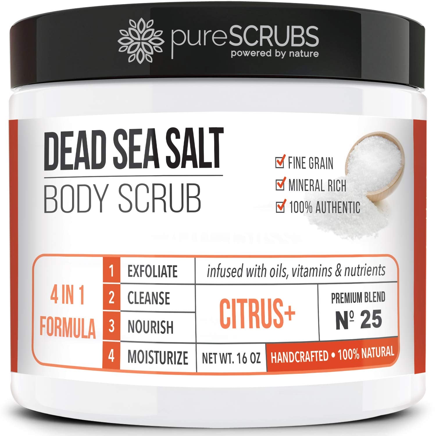 PureSCRUBS premium citrus body scrub jar showing texture and refreshing scent