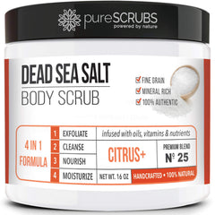 PureSCRUBS premium citrus body scrub jar showing texture and refreshing scent