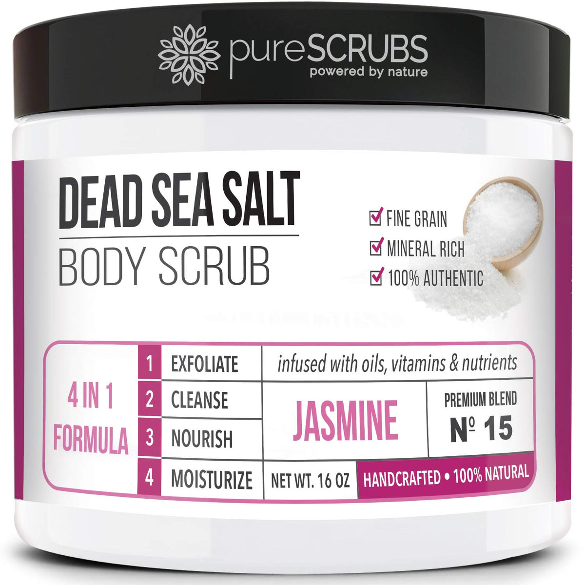 PureSCRUBS jasmine scrub jar with Dead Sea salt for smoother skin