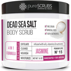 PureSCRUBS jasmine scrub jar with Dead Sea salt for smoother skin