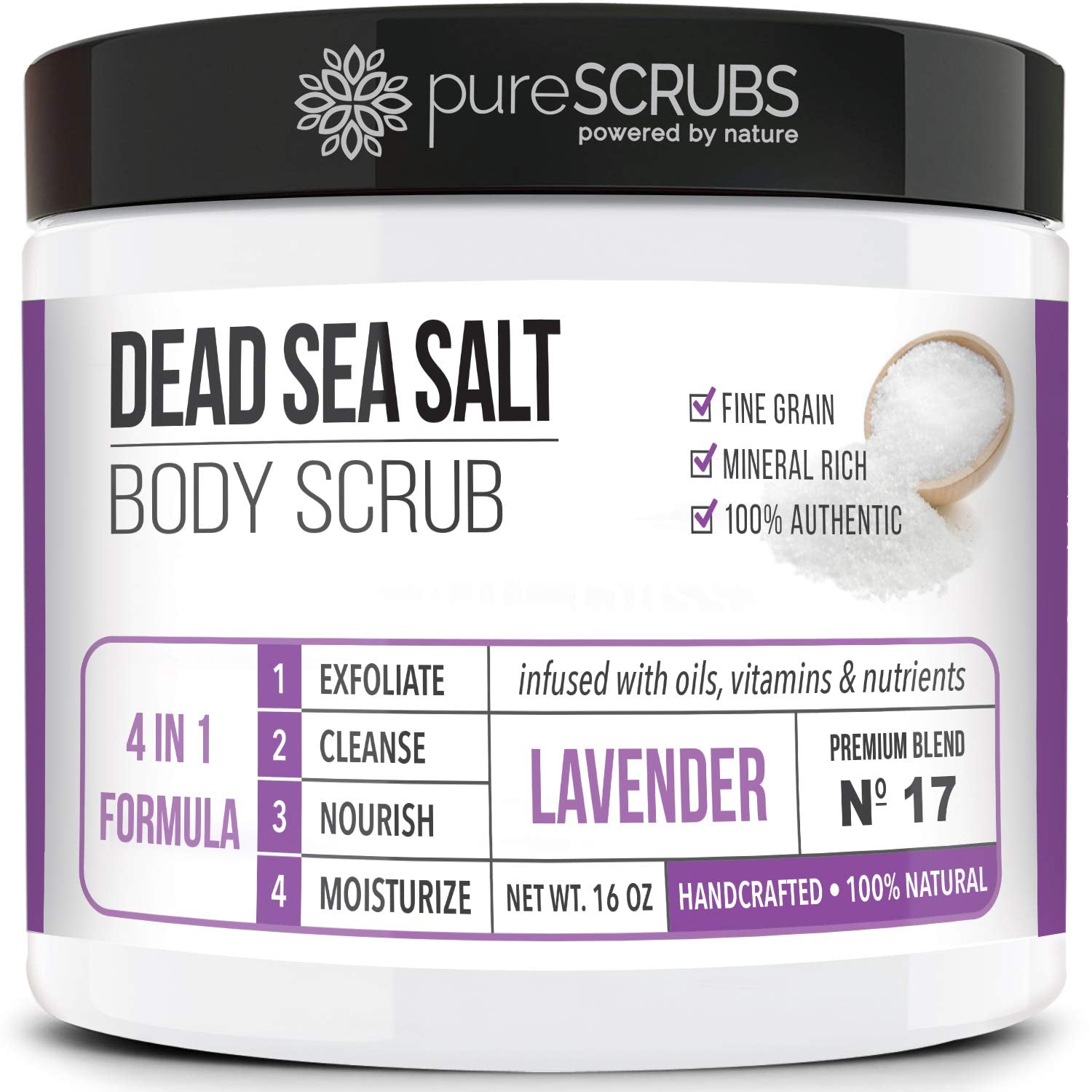 PureSCRUBS Premium Lavender Body Scrub jar showing texture for smooth, radiant skin