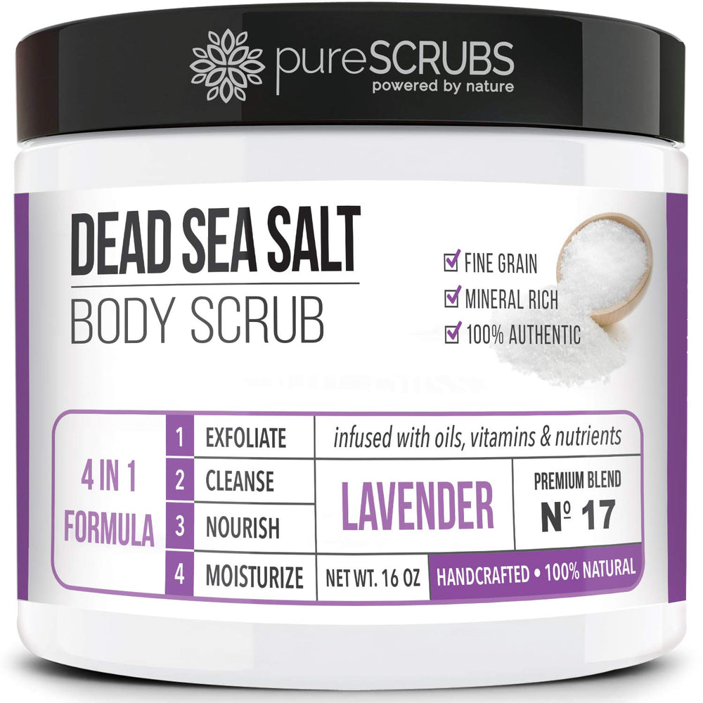 PureSCRUBS Premium Lavender Body Scrub jar showing texture for smooth, radiant skin